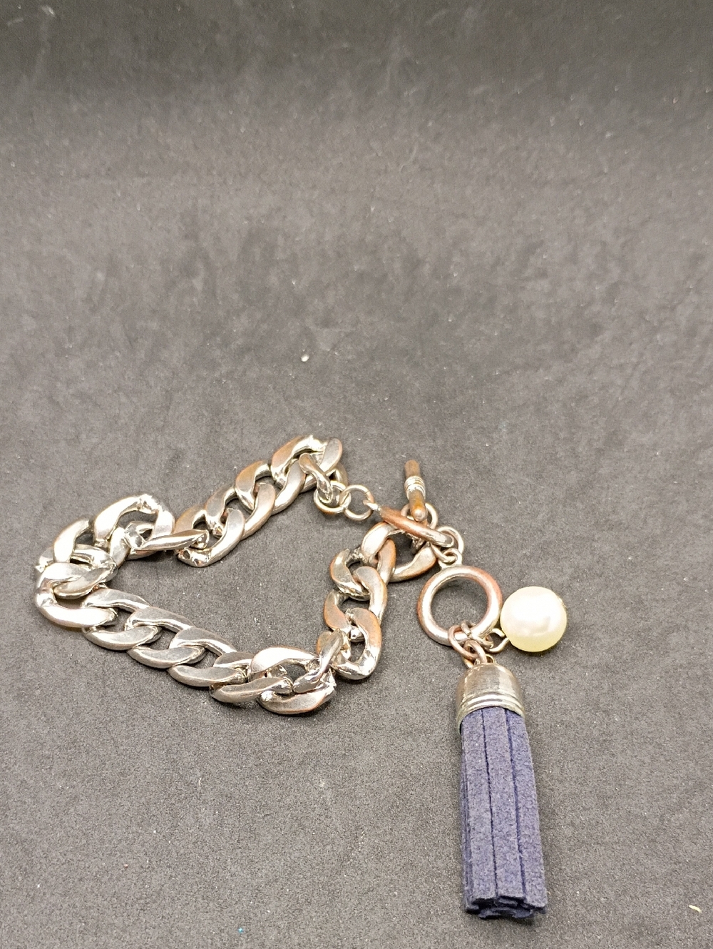 Kids Silver Chain Bracelet with Black Tassel and Pearl Charm